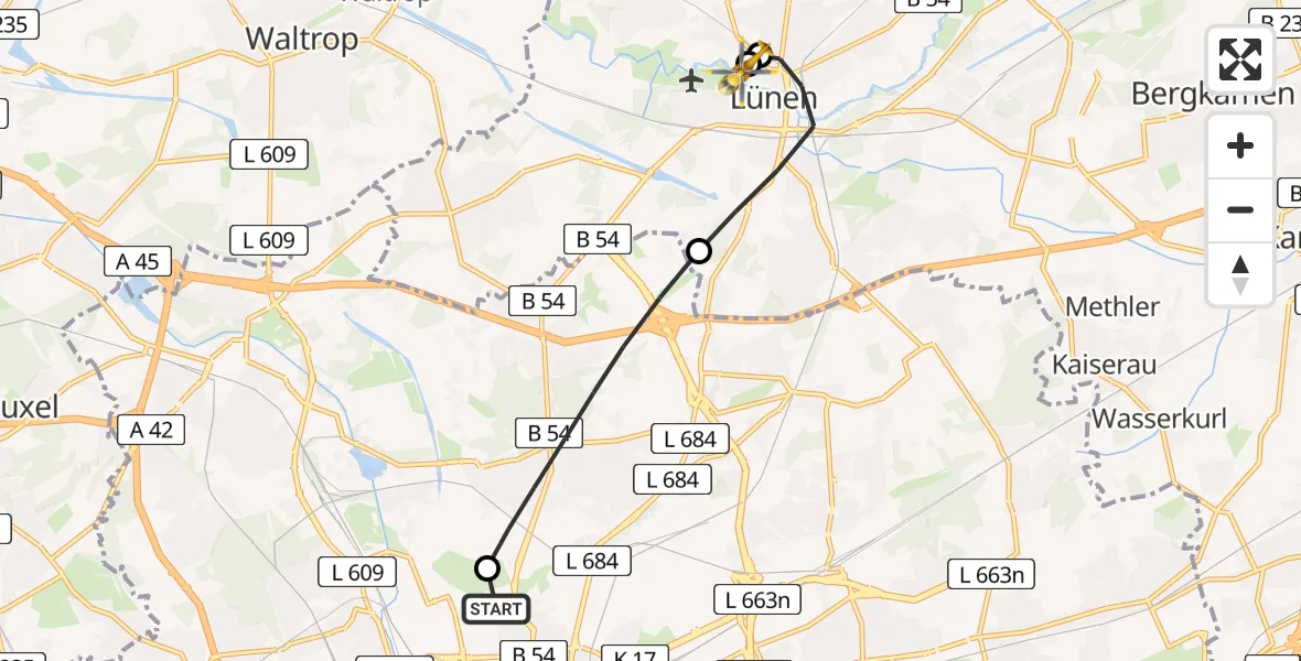 Flugroute Rettungshubschrauber Dortmund Hospital North - Sankt Marien Hospital, 13 Juni 2026, 11:45