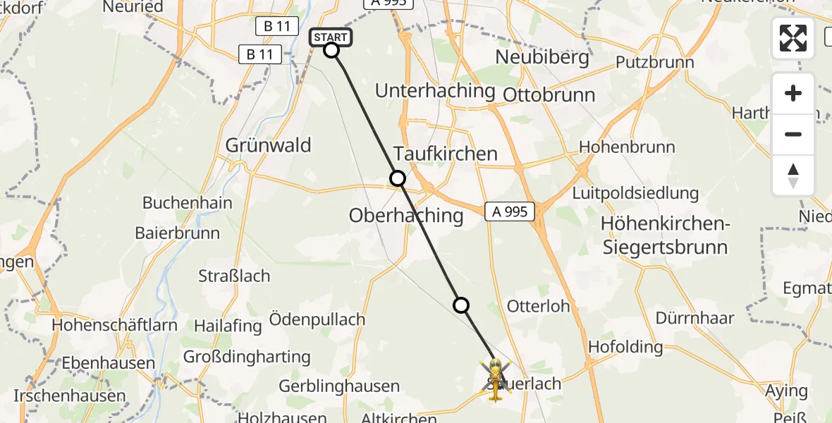 Flugroute Rettungshubschrauber ADAC Air Rescue Center Hubschrauberlandeplatz (Christoph 1) - Sauerlach, 13 Juni 2026, 11:48