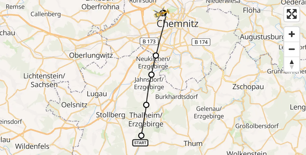 Flugroute Rettungshubschrauber Zwönitz - Flemmingstraße Hospital Rooftop, 13 Juni 2026, 11:56