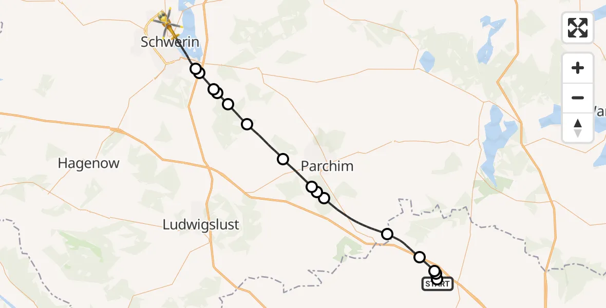 Flugroute Rettungshubschrauber Kümmernitztal - Schwerin, 13 Juni 2026, 12:00