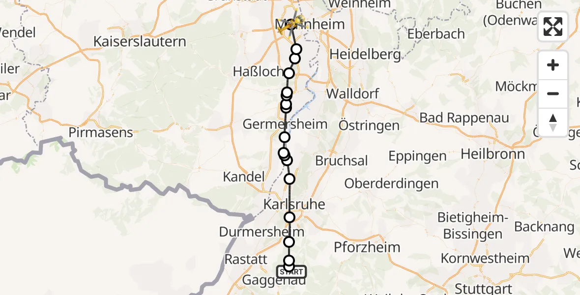Flugroute Ambulanzhubschrauber Bad Herrenalb - Ludwigshafen Accident Hospital, 13 Juni 2026, 12:04