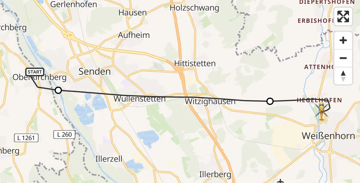 Flugroute Rettungshubschrauber Illerkirchberg - Weißenhorn, 13 Juni 2026, 12:08