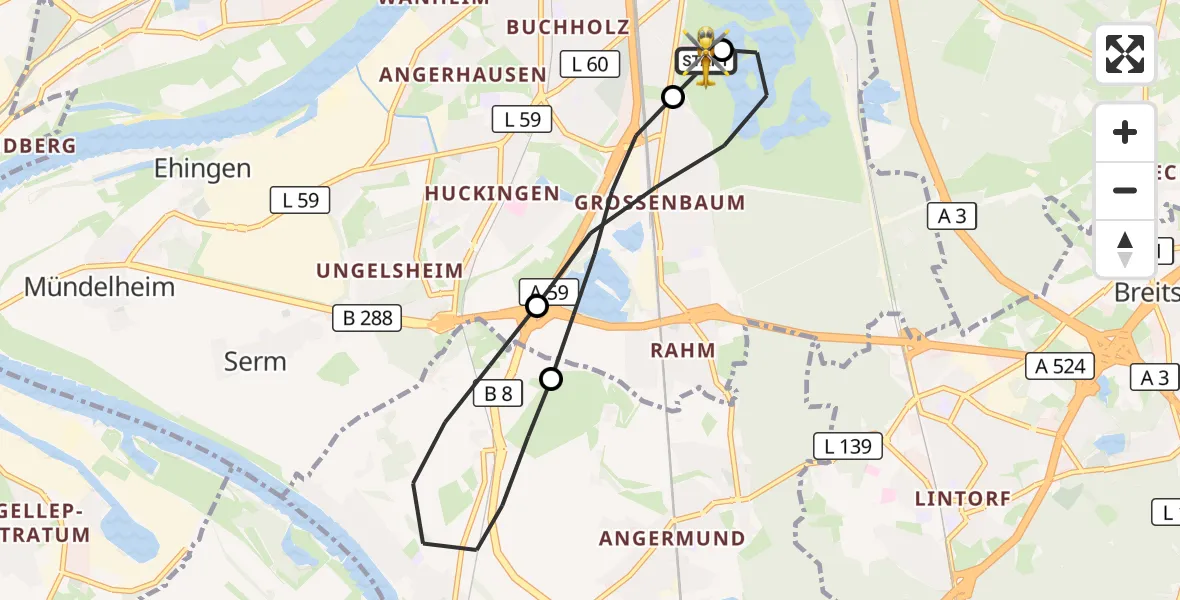 Flugroute Rettungshubschrauber Duisburg Air Rescue Hubschrauberlandeplatz (Christoph 9) - Duisburg Air Rescue Hubschrauberlandeplatz (Christoph 9), 13 Juni 2026, 12:09