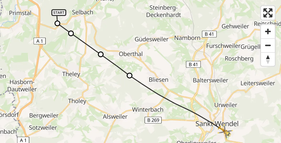 Flugroute Rettungshubschrauber Nohfelden - St. Wendel, 13 Juni 2026, 12:14