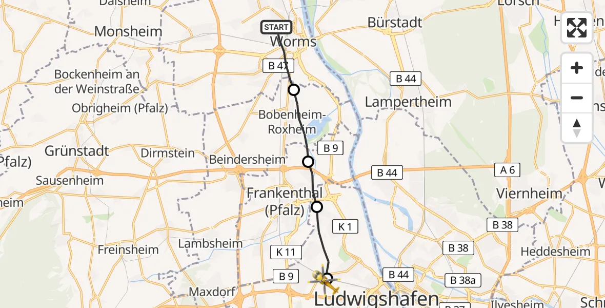 Flugroute Rettungshubschrauber Worms - Ludwigshafen Accident Hospital, 13 Juni 2026, 12:14