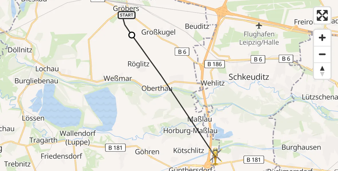 Flugroute Rettungshubschrauber Kabelsketal - ADAC Air Rescue Station Leipzig/Schkeuditz-Dölzig Hubschrauberlandeplatz (Christoph 61), 13 Juni 2026, 12:20