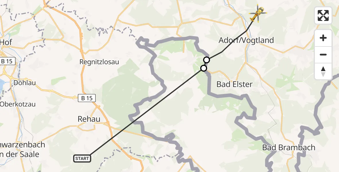 Flugroute Rettungshubschrauber Rehau - Adorf/Vogtl., 13 Juni 2026, 12:21