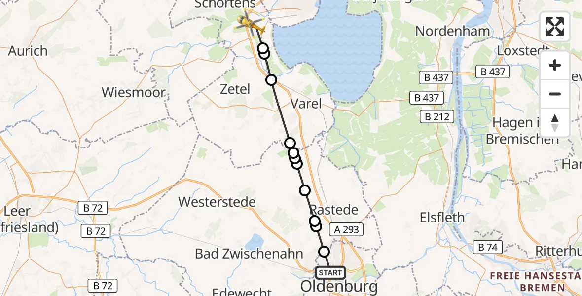 Flugroute Rettungshubschrauber Oldenburg (Oldb) - Sande, 13 Juni 2026, 12:25