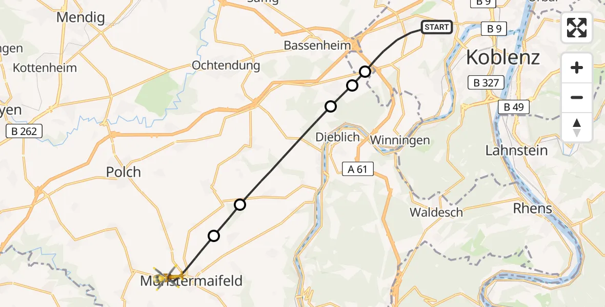 Flugroute Rettungshubschrauber Koblenz - Münstermaifeld, 13 Juni 2026, 12:35