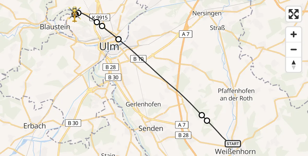 Flugroute Rettungshubschrauber Weißenhorn - ADAC Air Rescue Station Ulm (Christoph 22), 13 Juni 2026, 12:37