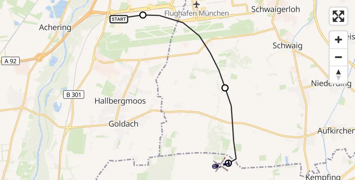 Flugroute Polizeihubschrauber Hallbergmoos - Moosinning, 13 Juni 2026, 12:40
