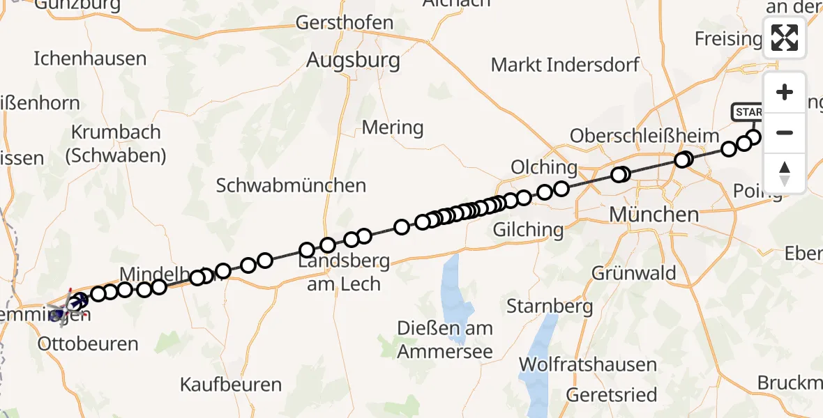 Flugroute Polizeihubschrauber Moosinning - Memmingen Allgau Flughafen, 13 Juni 2026, 12:45