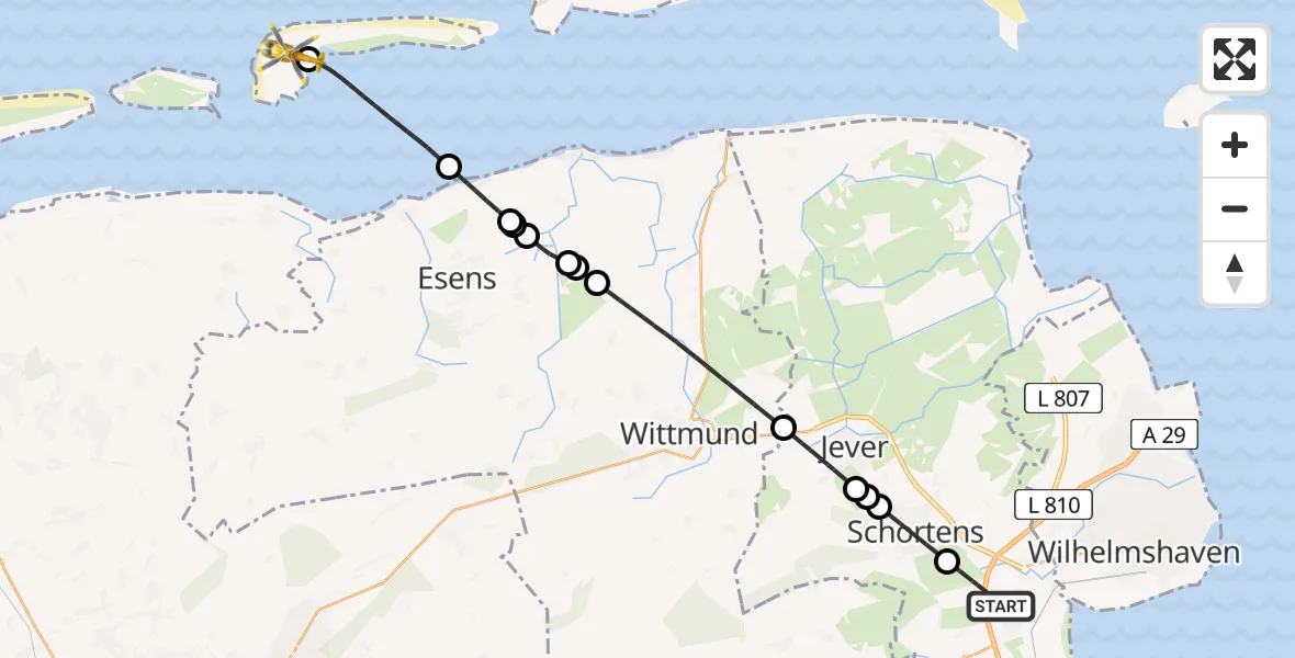 Flugroute Rettungshubschrauber Sande - Langeoog Flughafen, 13 Juni 2026, 12:46