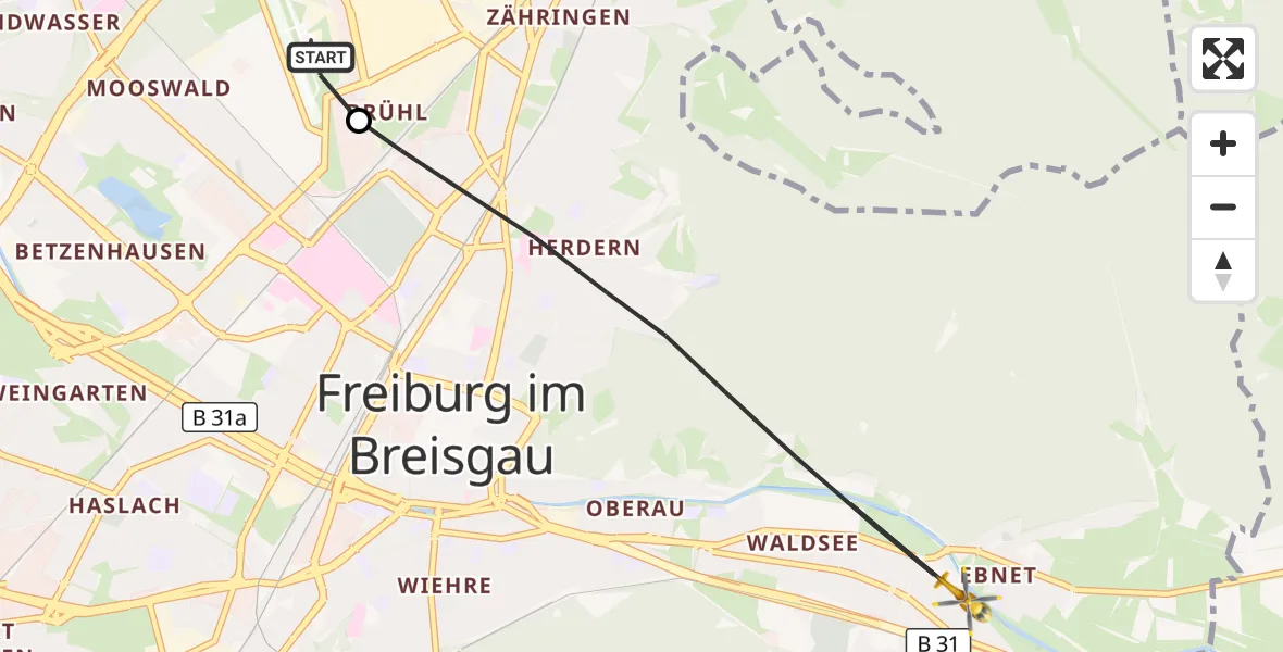 Flugroute Ambulanzhubschrauber Freiburg im Breisgau Flugplatz - Freiburg im Breisgau, 13 Juni 2026, 12:53