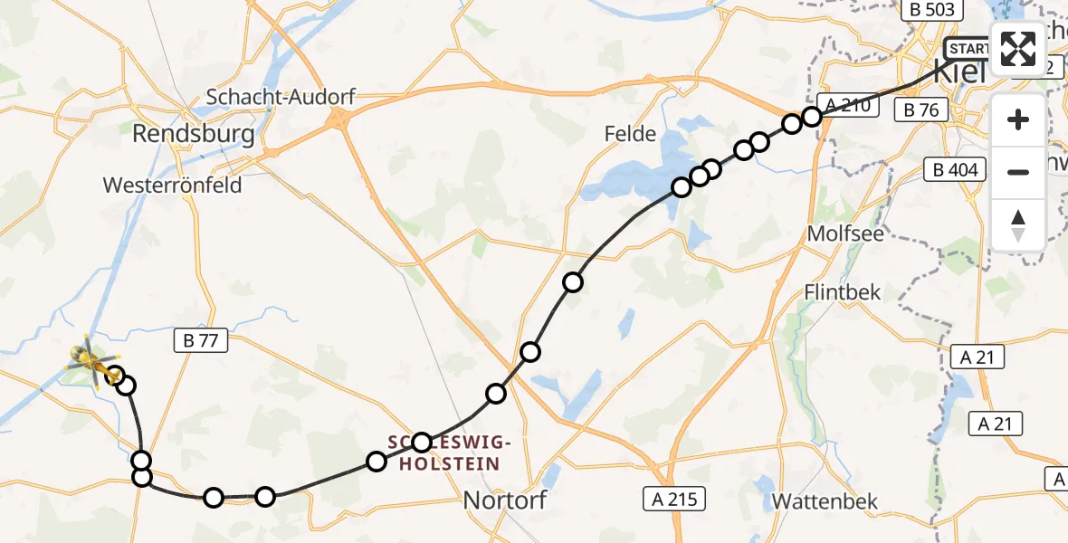 Flugroute Ambulanzhubschrauber Kiel - Rendsburg-Schachtholm Flugplatz, 13 Juni 2026, 12:54