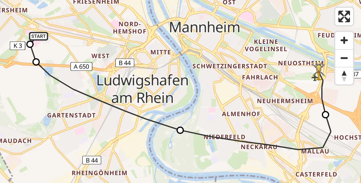 Flugroute Ambulanzhubschrauber Ludwigshafen Accident Hospital - Mannheim-City Flughafen, 13 Juni 2026, 12:56