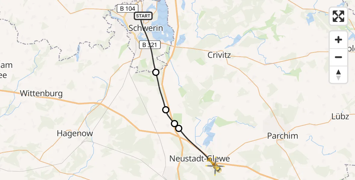 Flugroute Rettungshubschrauber Schwerin - Neustadt-Glewe, 13 Juni 2026, 13:08