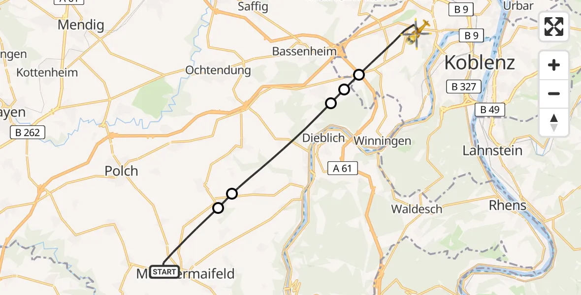 Flugroute Rettungshubschrauber Münstermaifeld - Koblenz, 13 Juni 2026, 13:08