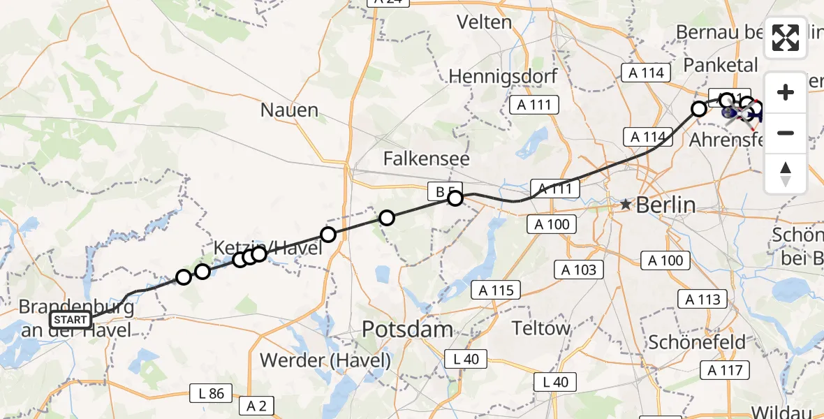 Flugroute Polizeihubschrauber Brandenburg an der Havel - Ahrensfelde Hubschrauberlandeplatz, 13 Juni 2026, 13:09