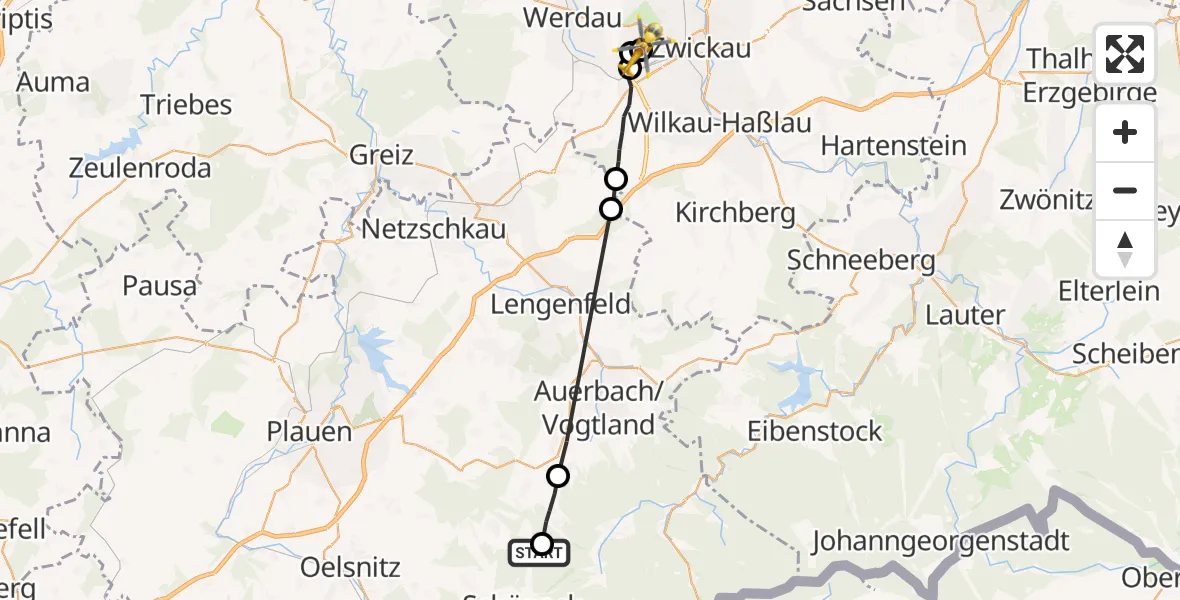 Flugroute Rettungshubschrauber Schöneck/Vogtl. - Zwickau, 13 Juni 2026, 13:13