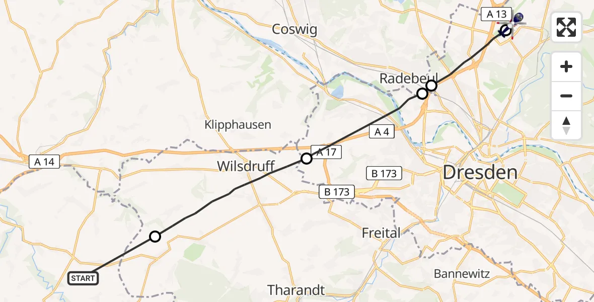 Flugroute Polizeihubschrauber Reinsberg - Dresden Flughafen, 13 Juni 2026, 13:19
