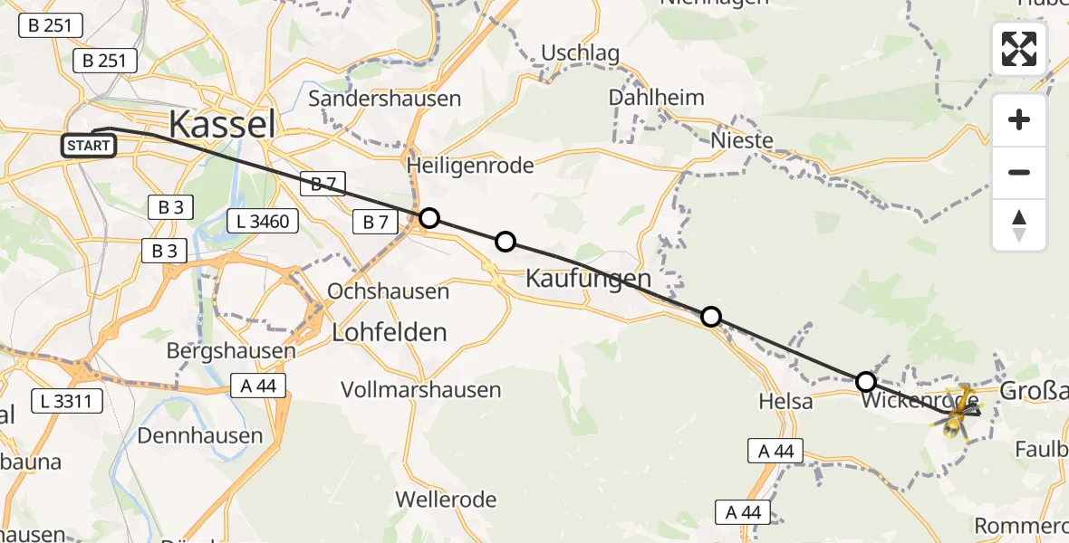 Flugroute Rettungshubschrauber Kassel - Helsa, 13 Juni 2026, 13:19