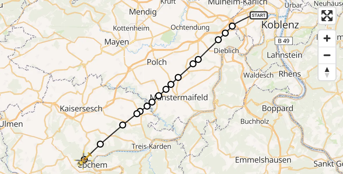 Flugroute Rettungshubschrauber Koblenz - Cochem, 13 Juni 2026, 13:19