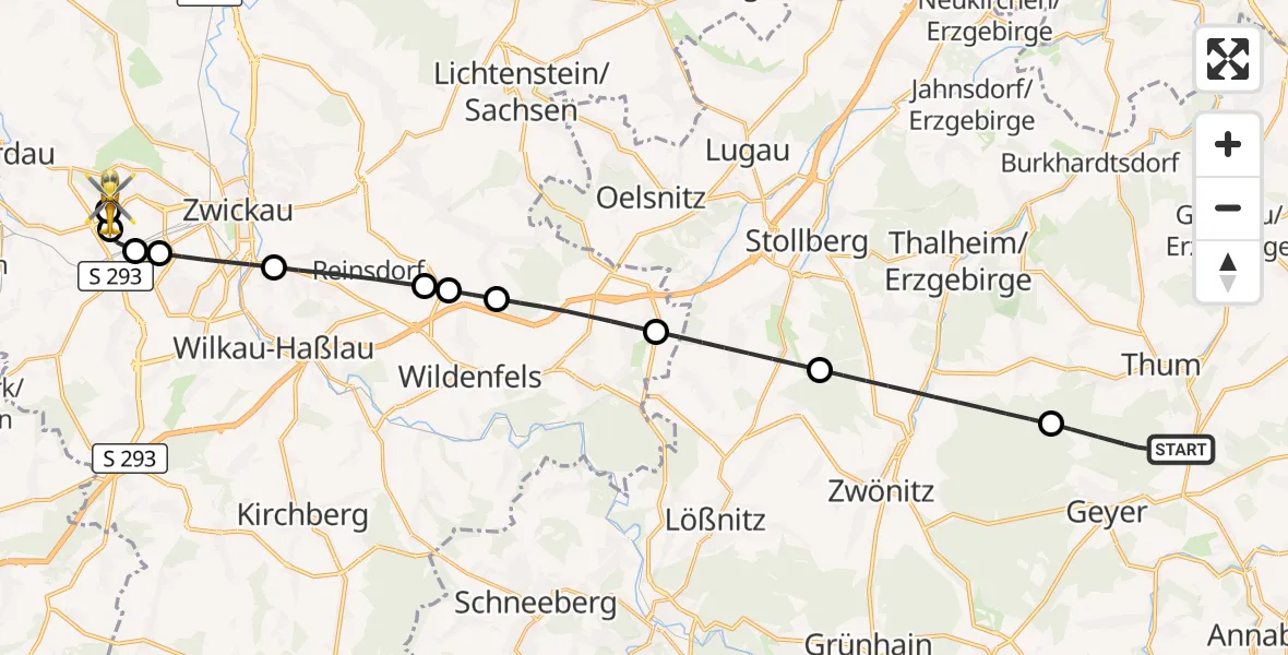 Flugroute Rettungshubschrauber Ehrenfriedersdorf - ADAC Air Rescue Station Zwickau Hubschrauberlandeplatz, 13 Juni 2026, 13:20