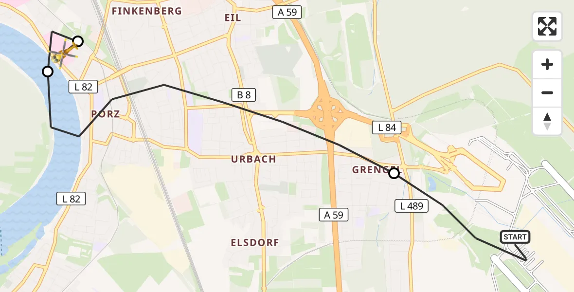 Flugroute Rettungshubschrauber Köln Bonn Flughafen - Porz am Rhein Hospital, 13 Juni 2026, 13:21