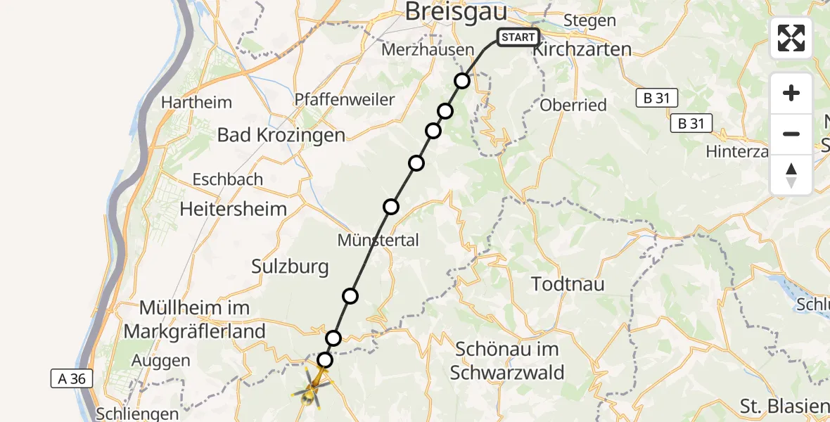 Flugroute Ambulanzhubschrauber Freiburg im Breisgau - Malsburg-Marzell, 13 Juni 2026, 13:21