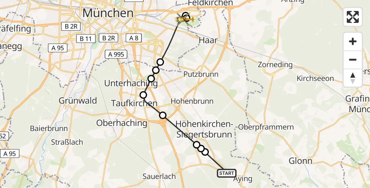 Flugroute Rettungshubschrauber Aying - München, 13 Juni 2026, 13:24