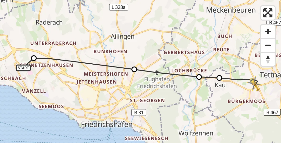 Flugroute Rettungshubschrauber Friedrichshafen Hospital - Tettnang, 13 Juni 2026, 13:28