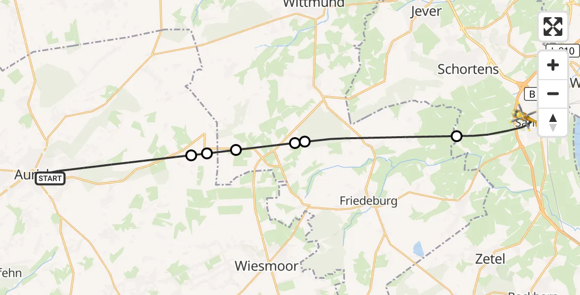 Flugroute Rettungshubschrauber Aurich - Sande, 13 Juni 2026, 13:30