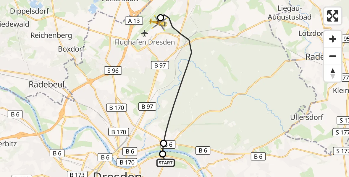 Flugroute Rettungshubschrauber Dresden University Hospital - Dresden Bundespolizei Hubschrauberlandeplatz, 13 Juni 2026, 13:44