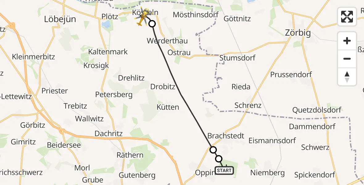 Flugroute Rettungshubschrauber Halle-Oppin Flugplatz - Wettin-Löbejün, 13 Juni 2026, 13:49
