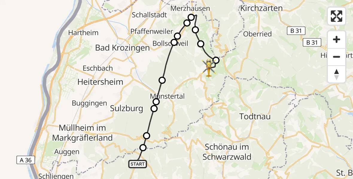 Flugroute Ambulanzhubschrauber Malsburg-Marzell - Münstertal/Schwarzwald, 13 Juni 2026, 13:51