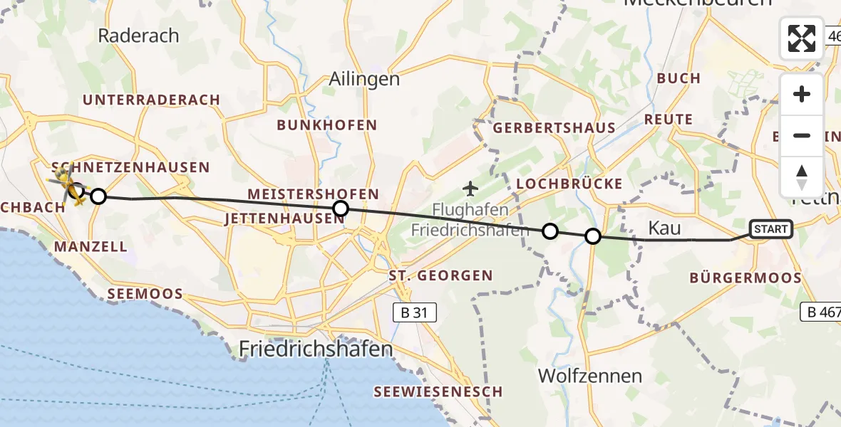 Flugroute Rettungshubschrauber Tettnang - Friedrichshafen Hospital, 13 Juni 2026, 13:56