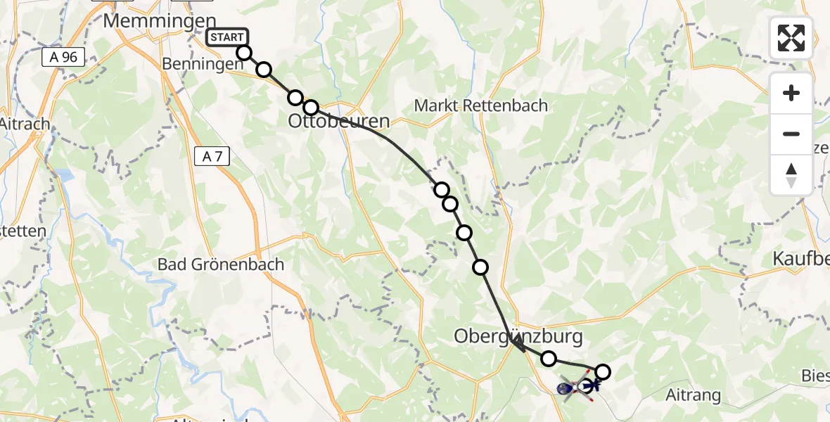 Flugroute Polizeihubschrauber Memmingen Allgau Flughafen - Günzach, 13 Juni 2026, 13:58