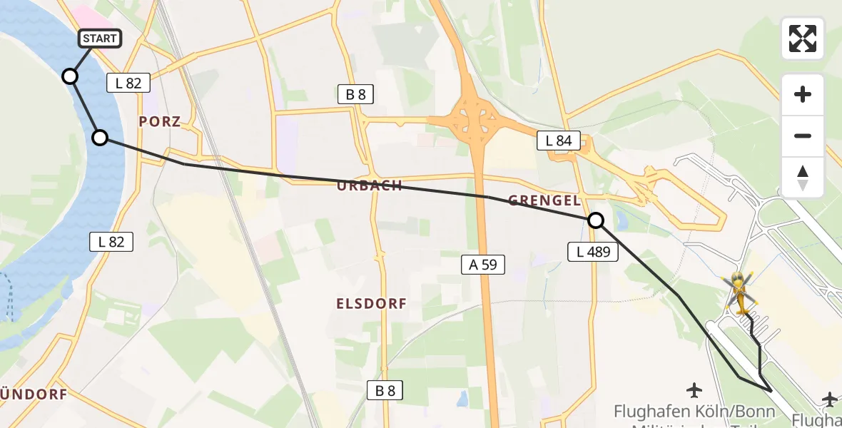 Flugroute Rettungshubschrauber Porz am Rhein Hospital - Köln Bonn Flughafen, 13 Juni 2026, 14:03