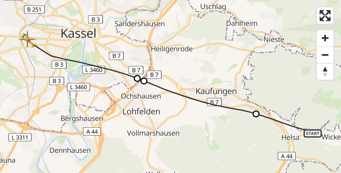 Flugroute Rettungshubschrauber Helsa - Kassel, 13 Juni 2026, 14:05