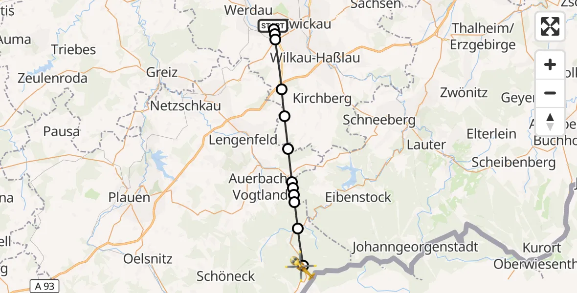 Flugroute Rettungshubschrauber ADAC Air Rescue Station Zwickau Hubschrauberlandeplatz - Klingenthal, 13 Juni 2026, 14:07