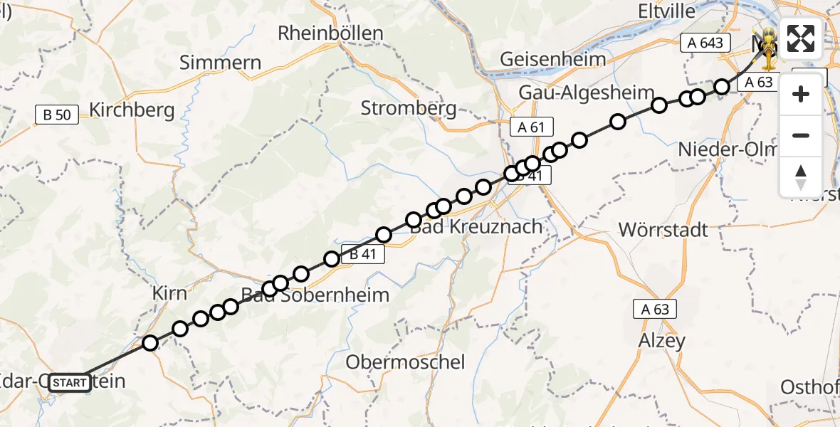 Flugroute Rettungshubschrauber Idar-Oberstein - Mainz University Hospital, 13 Juni 2026, 14:08
