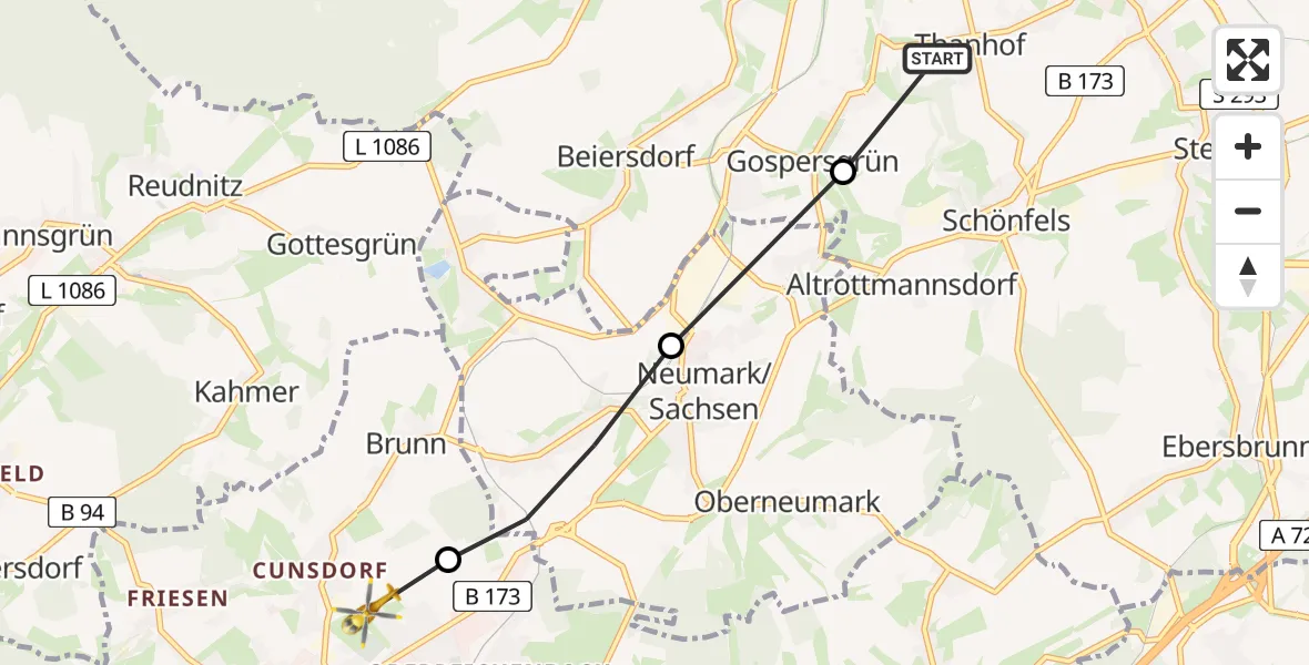 Flugroute Rettungshubschrauber Lichtentanne - Reichenbach im Vogtland, 13 Juni 2026, 14:11