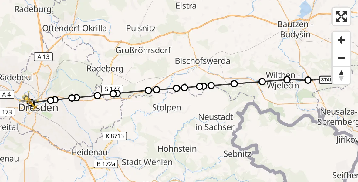 Flugroute Rettungshubschrauber Cunewalde - Dresden Friedrichstadt Hospital, 13 Juni 2026, 14:15