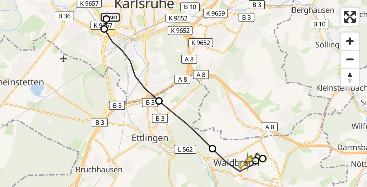 Flugroute Ambulanzhubschrauber Sankt Vincentius Hospital - Waldbronn, 13 Juni 2026, 14:26