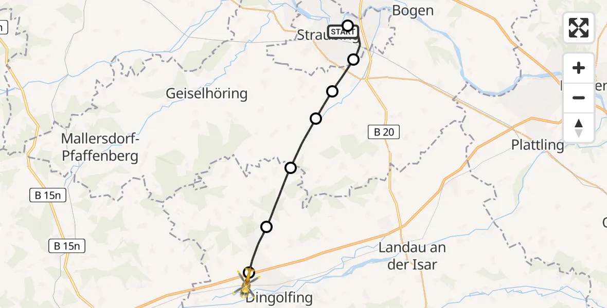 Flugroute Rettungshubschrauber Sankt Elisabeth Hospital Straubing - Dingolfing, 13 Juni 2026, 14:28