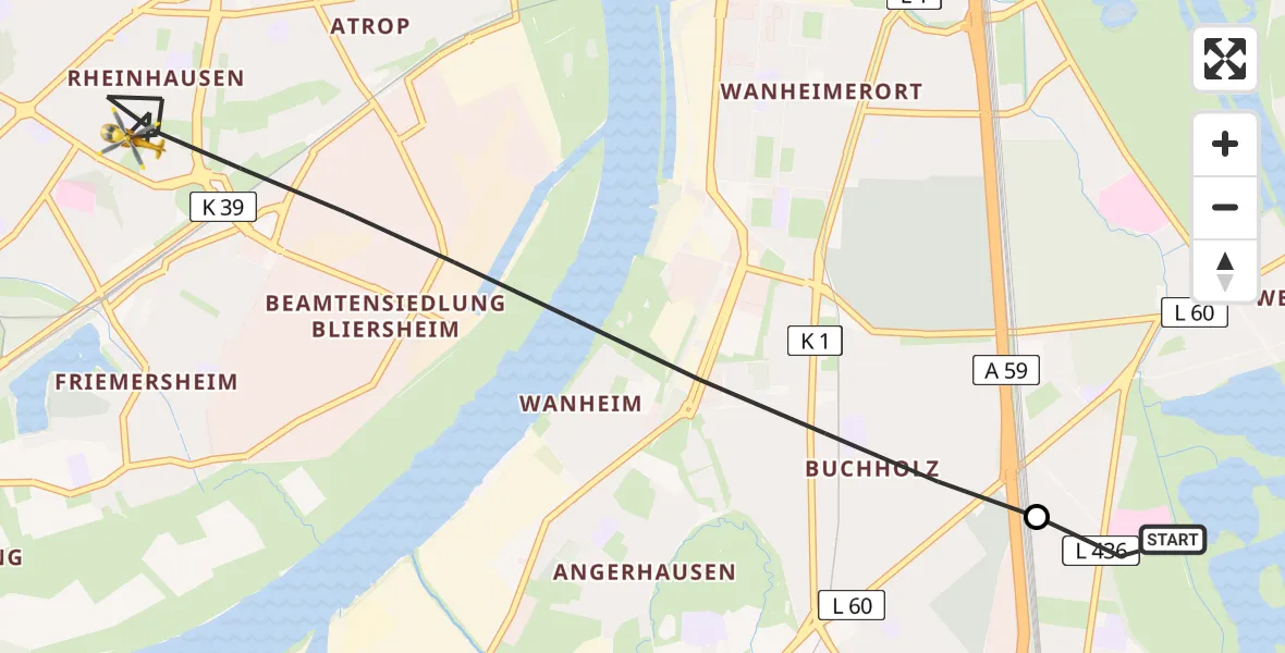 Flugroute Rettungshubschrauber Duisburg Air Rescue Hubschrauberlandeplatz (Christoph 9) - Duisburg, 13 Juni 2026, 14:30