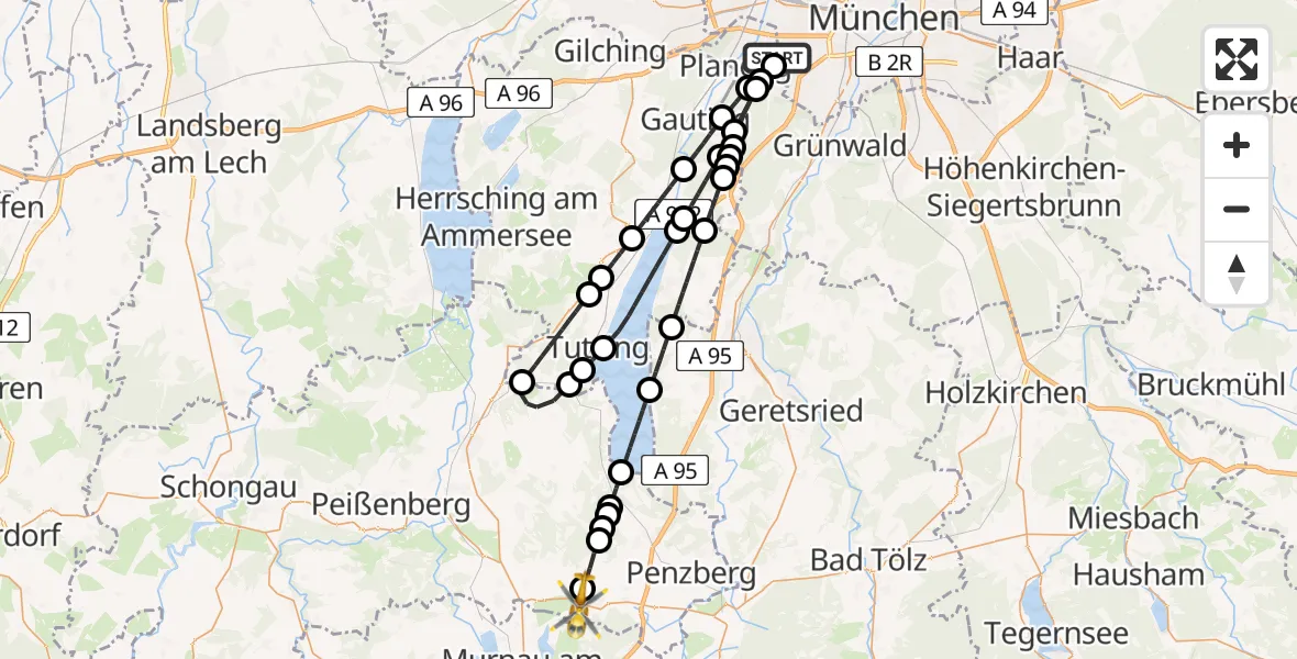 Flugroute Rettungshubschrauber DRF Air Rescue München Hubschrauberlandeplatz - Obersöchering, 13 Juni 2026, 14:33