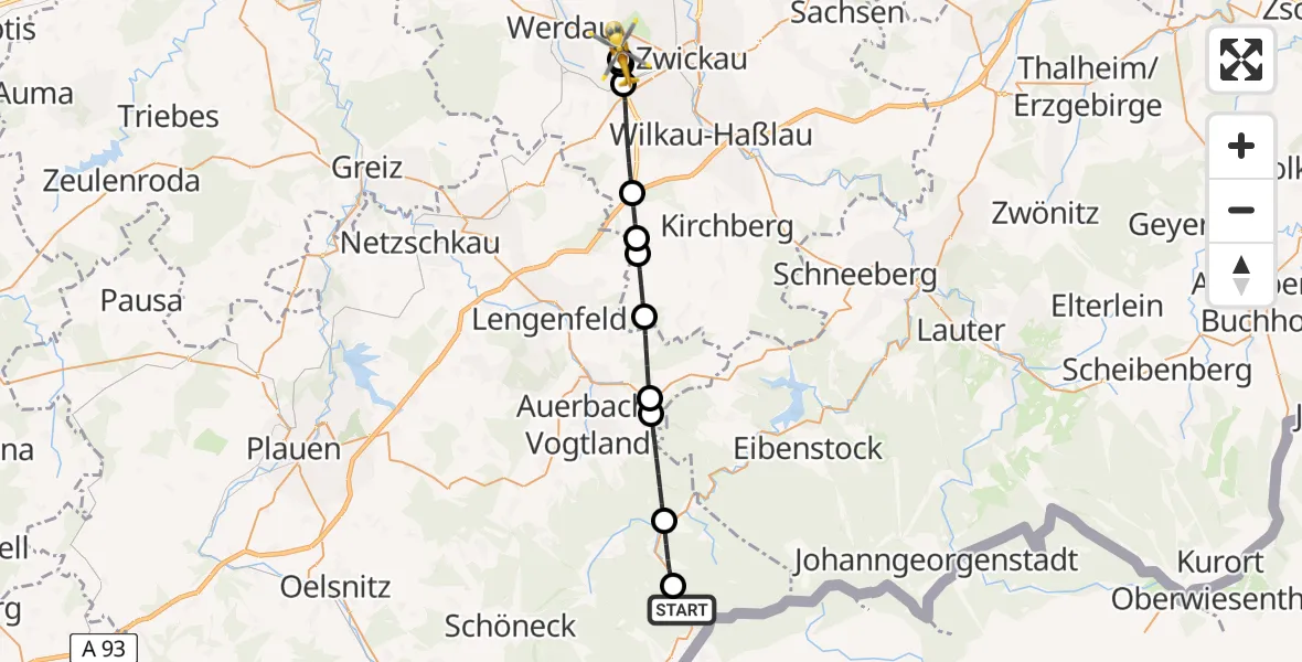 Flugroute Rettungshubschrauber Klingenthal - ADAC Air Rescue Station Zwickau Hubschrauberlandeplatz, 13 Juni 2026, 14:38