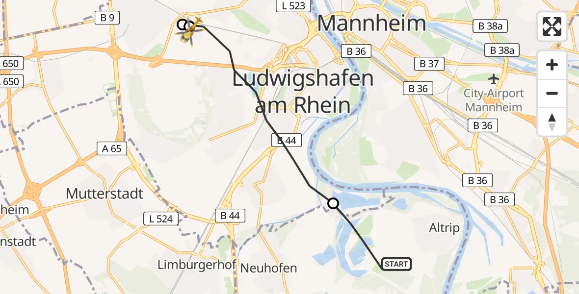 Flugroute Rettungshubschrauber Altrip - Ludwigshafen Accident Hospital, 13 Juni 2026, 14:42